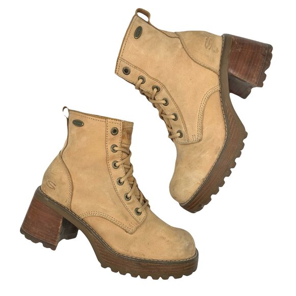 Skechers Vintage Y2K Camel Tan Lace Platform Brat Heeled Boots - Picture 1 of 10